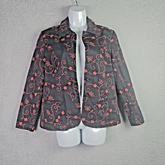 Christine Phillipe Womens Blazer 8 Black Red Floral Embroidered Cotton Pockets - Picture 6 of 15